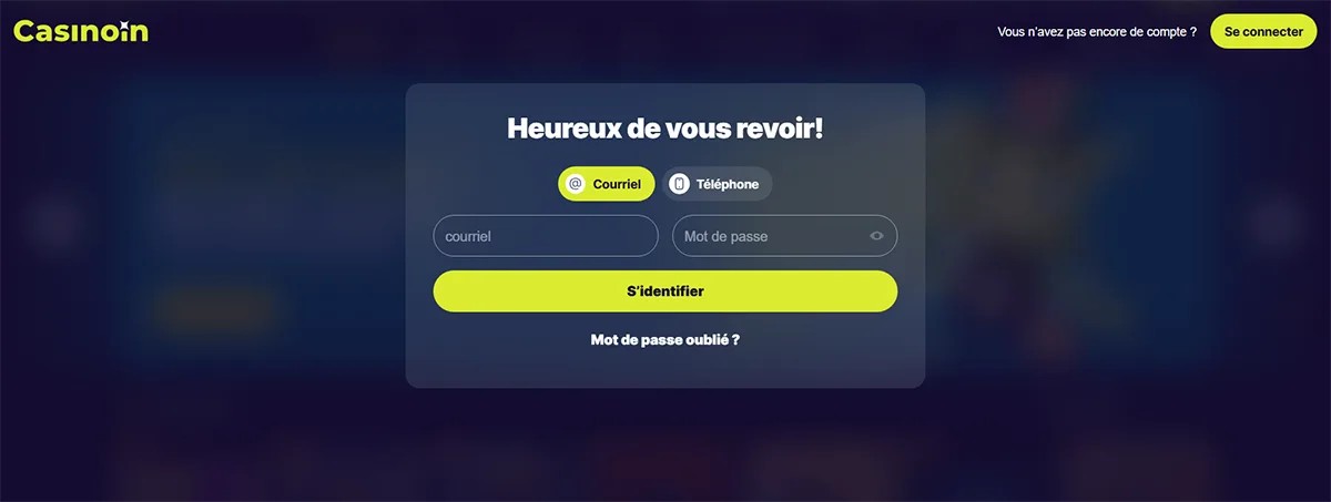 Casino login screen in French with “Heureux de vous revoir !” message, email or phone login toggle, email and password fields, bright yellow “S’identifier” button, forgot password link, and a dark gradient background with Casinon branding